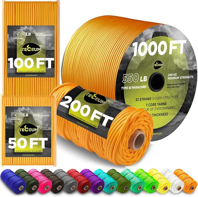 TECEUM 5/32" Paracord Rope 1000 – 1000ft / 200ft / 100ft / 50ft – Tactical Parachute Cord 4mm – 45+ Colors – Nylon String for Survival & Camping Gear – Stripe Cord for Survival – Utility Rope