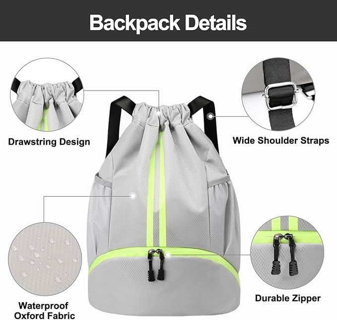 Hoedia Sports Drawstring Backpack - String Swim Gym Bag with Shoes Compartment and Wet Proof Pocket for Women&Men