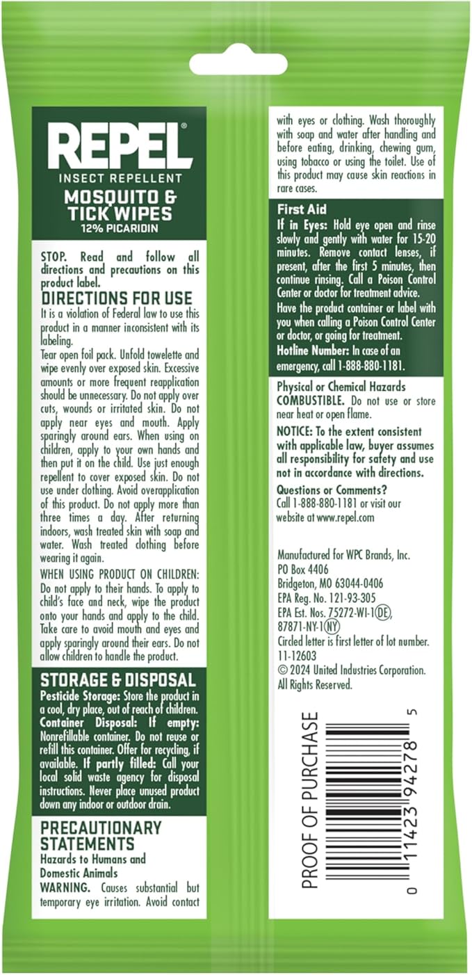 Repel Insect Repellent Mosquito & Tick Wipes 12% Picaridin, Repels Mosquitoes and Ticks for Up to 10 Hours in A Convenient Travel Wipe for Whole-Family Mosquito and Tick Protection,15 Count, 3 Ounces