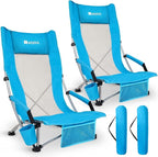 AKSOUL Folding Beach Chair for Adults: Low/High Back Chairs with Carry Bag - Extra Wide Seat Chair with Comfortable Pillow & Storage Pocket (1 Pack & 2 Pack, Blue)