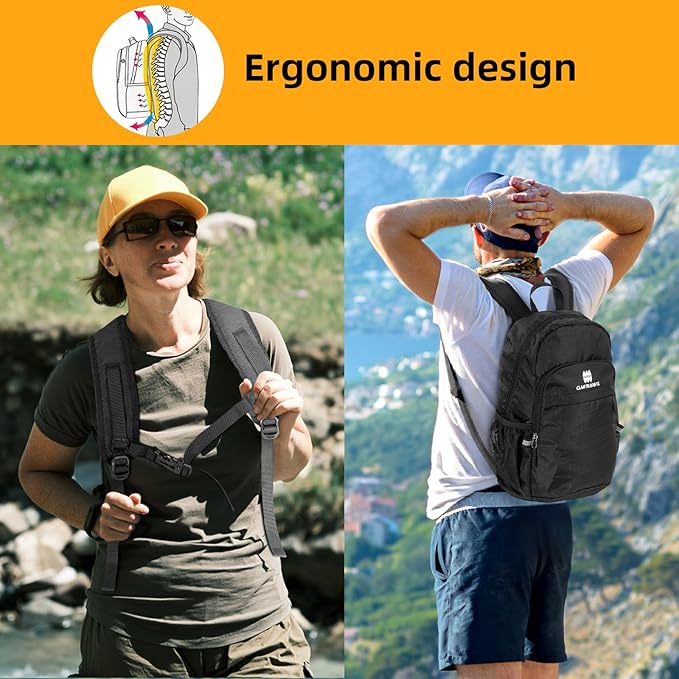 Lightweight Packable Small Hiking Backpack for Women Men - 20L Waterproof Foldable Daypack for Travel, Hiking, and Daily Use, Adjustable Chest Strap, Durable Nylon, Black
