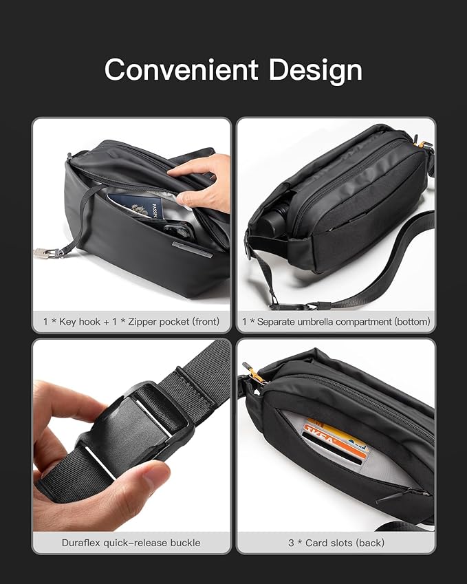 Inateck Sling Bag X, Multi-pocket Crossbody Shoulder Chest Bag with Adjustable Shoulder Strap, Water-resistant Waist Fanny Pack for Men, Women, Travel, Daily Use, Cycling, Hiking, Black, Large