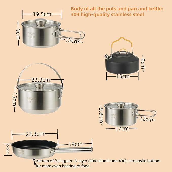 Camping Cookware Set 304 Stainless Steel 10pcs Pots & Pans,Kettle, Travel Mesh Bag for Camping, Trekking, Backyard Picnic & Backpacking Gear