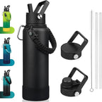 BJPKPK Insulated Water Bottle with Straw Lid, 40oz Large Thermo with 3 Lids, Paracord Handle & Non-slip Boot, BPA Free Leak Proof Stainless Steel Metal Water Bottles, Tumblers, Cups,Black