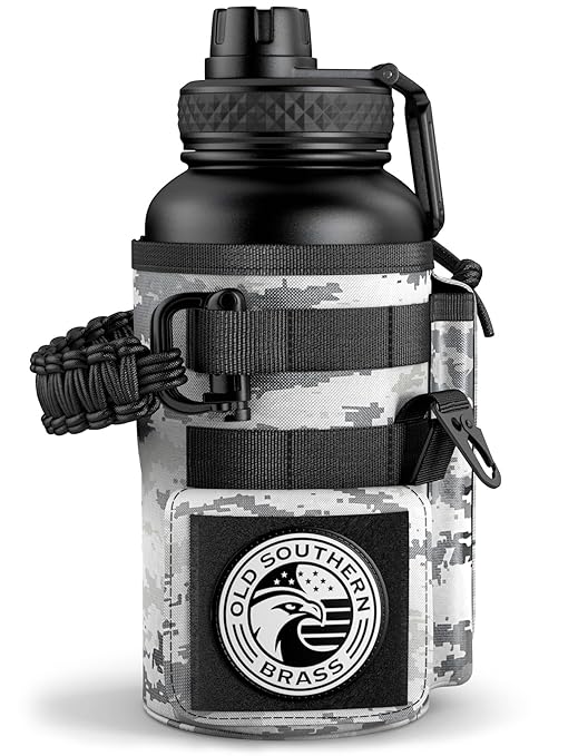Combat Canteen - 32oz Insulated Water Bottle with Paracord Handle, Stainless Steel Water Jug with Rugged Pockets for Keys, Wallet & Phone - White Digital - Old Southern Brass