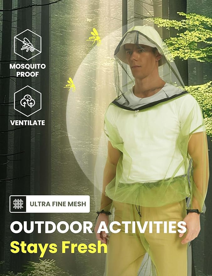 HENNCHEE Mosquito Suits for Adult, Mesh Net Bug Hooded Jacket Pant, Outdoor Full Body Protection Mosquito Proof Clothing