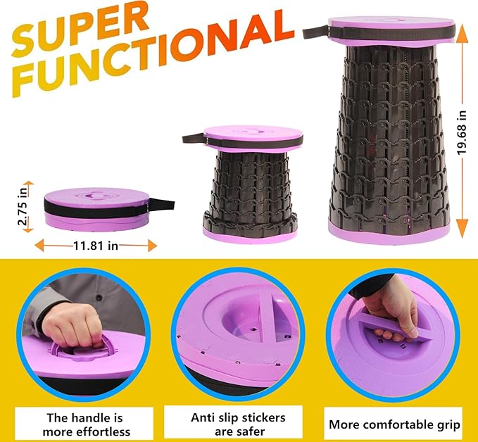 ALEVMOOM Upgraded 19.7" Portable Collapsible Folding Stool Retractable Telescoping Foldable Stool for Adults Heavy Duty Camping Sturdy with Max Load Capacity 1000lbs for Outdoor Fishing Hiking BBQ