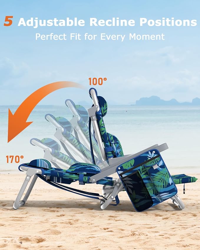 ZENPETIO Beach Chair, Camping Chair for Adults, Reclining Backpack Chair for Pool, Beach, Camping, Outdoors