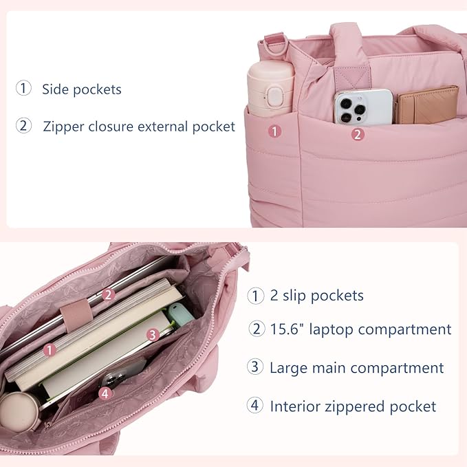 Tote Bag for Women Puffer Work Tote Handbag Large Quilted Nurse Bag with Zipper for Travel