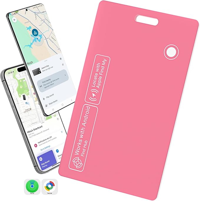 Dual Platform(Both iOS&Android) Rechargeable Air Tags Wallet Tracker Card, Smart Wallet Finder, Compatible with Apple Find My & Google's Find Hub, Item Locator, Wireless Charging (Pink-1 Piece)