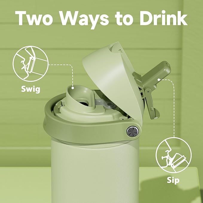 24 oz Insulated Water Bottle with Straw: Meoky Stainless Steel Metal Water Bottle with 2-in-1 Lid - Leak Proof, Cold for 24 Hours, Protective Silicone Base, BPA-Free for Sports Travel Car, Sage