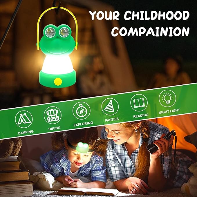 Outdoor Equipment LED Camping Lantern & Headlamp Set for Kids, Battery Powered Night Light, Theme Gift for Children's Day, Birthday, Lightweight Tent Lamp for Children (Frog Set)