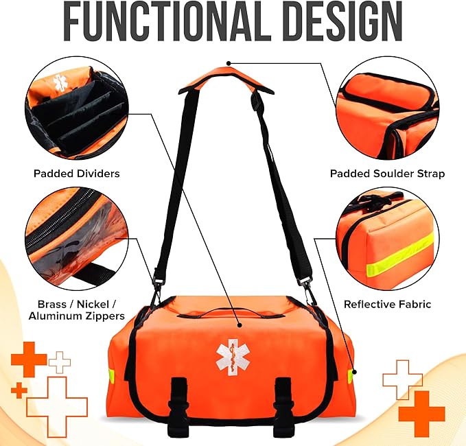 JJ CARE Trauma Bag (287 pcs), Fully Stocked EMT Medical Bag for Professionals, First Aid Emergency Medical Kit, First Responder Kit Essentials with Organizer Pouch