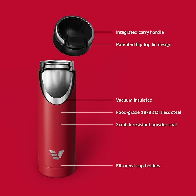 Maxi Stainless Steel Water Bottle 26oz - Double wall vacuum insulated | Integrated carry handle | leak proof flip top lid | Lightweight & stylish - Red