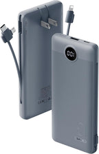 VRURC Portable Charger Built-in Cables and AC Wall Plug, USB C Power Bank 10000mAh, Travel Battery Portable Phone Charger Compact Lightweight External Battery Pack for Smart Phones, Tablets etc-Grey