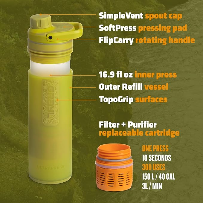 GRAYL UltraPress Water Purifier & Filter Bottle for Hiking, Backpacking, and Travel (Forager Moss)