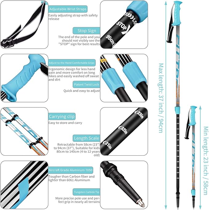 Hiking Poles for Kids - Ultralight Nordic Walking Sticks - Telescopic Child Trekking Poles Collapsible 2 Pack