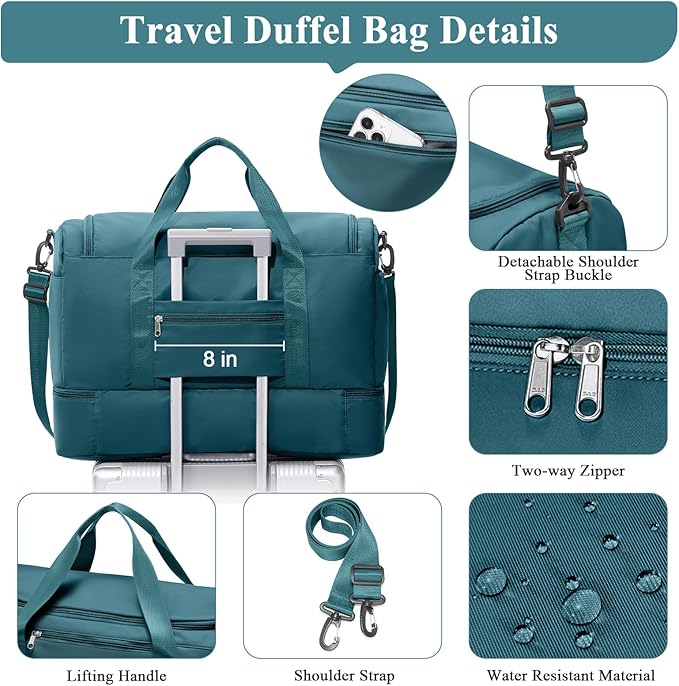 Travel Duffel Bag for Women, Carry-on Overnight Weekender Bags with Wet Pocket & Toiletry Bag, For Spirit Airlines 18x14x8 Personal Item Bag,3 Pcs Set,Small