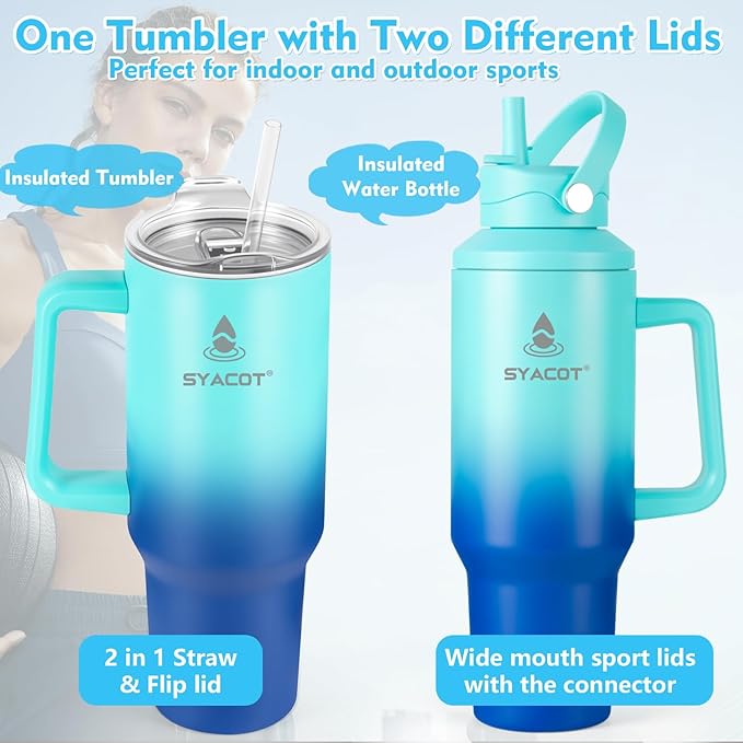 40 oz Tumbler with Handle and Straw or Convert to 40 oz Insulated Water Bottle Fits in Cup Holder. Stainless Steel Metal Water Flask with 2 Lids for Travel,Camping,Gym Sports Coffee Mug Thermal Cup