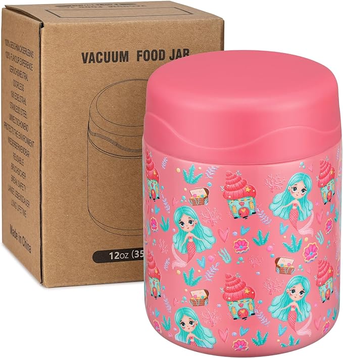 12oz Soup Thermo for Hot Food Kids Insulated Food Jar Wide Mouth Lunch Container Leak Proof Stainless Steel Vacuum Bento Box for School Office Travel Outdoors Pink-Mermaid