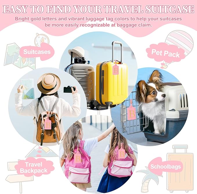 Personalized Initial Luggage Tags for Suitcase, Pink Leather Cute Luggage Tags with Privacy Cover Name Card, Embroidered Custom Monogrammed Luggage Tag Travel Bag Baggage Tags Gifts for Women Kids(B)