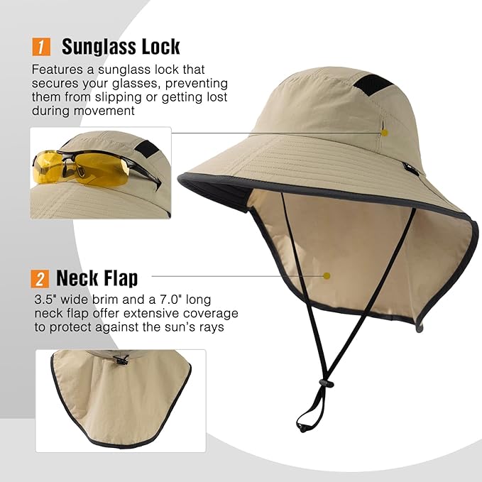 TOP-EX M/L/XL/XXL Unisex Mens Sun Hat with Neck Flap Sunglass Lock UPF 50 Wide Brim Fishing Hats Waterproof & Packable