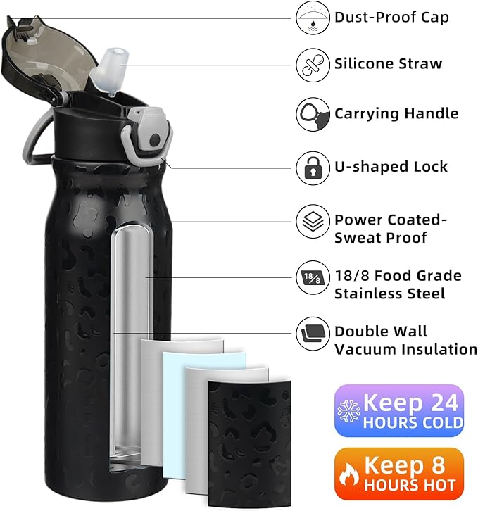 BJPKPK 25oz Insulated Water Bottle With Straw Stainless Steel Double Wall Water Bottles BPA Free Leak Proof Thermo With Lockable Flip Lid And Soft Silicone Spout,Black Leopard