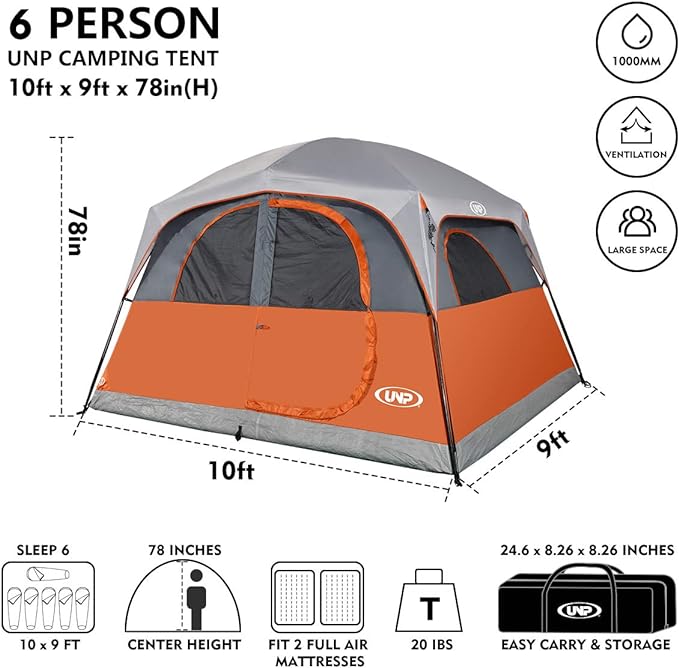 UNP Tents 6 Person Waterproof Windproof Easy Setup,Double Layer Family Camping Tent with 1 Mesh Door & 5 Large Mesh Windows -10'X9'X78in(H)