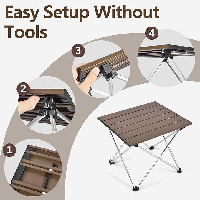 Grope Small Folding Camping Table with Aluminum Table Top, Beach Table for Sand with Carrying Bag,Prefect for Outdoor, Picnic, BBQ, Cooking, Festival (Coffee-M)