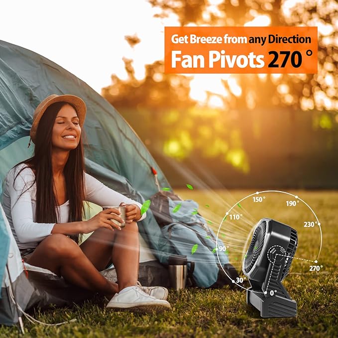 20000mAh Camping Fan, Rechargeable Battery Operated with 360° Rotatable Hook, 400 Lumes Light, 270° Pivot, 4 Speeds, 58Hrs Battery Powered Fan for Outdoor Tent Car Trip BBQ Hurricane Power Outages