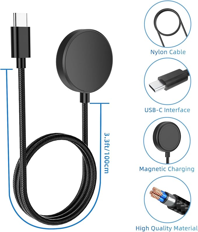 USB C Charger Compatible with Samsung Galaxy Watch 7/6/6 Classic/5/5 Pro/4/4 Classic/3/Active 2, Upgrade Nylon Galaxy Watch Charger Cable