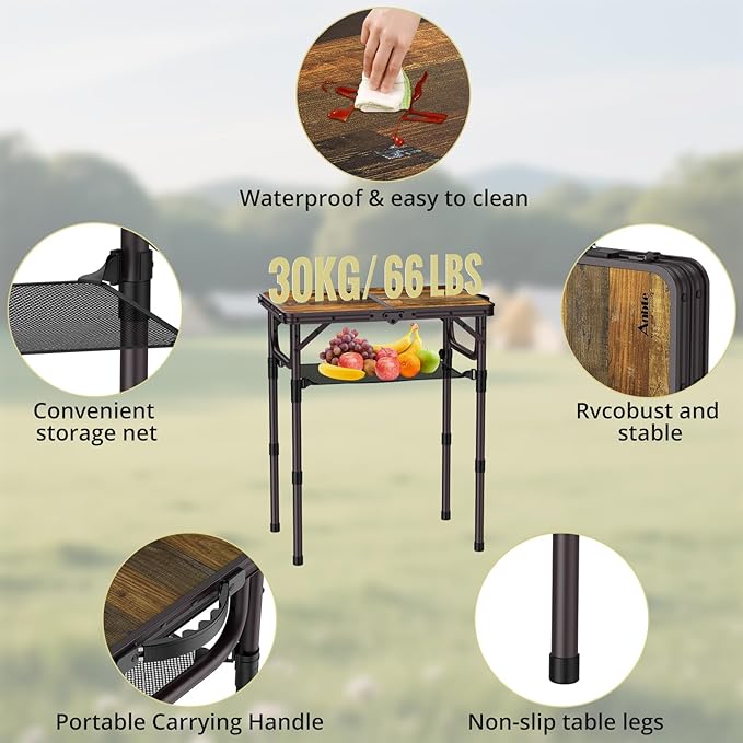 2ft Camping Table Foldable with Storage Net, 3 Adjustable Heights 27.5" Aluminum Small Portable Table with Carrying Handle, for Outdoor Indoor Picnic Beach Party Travel, 24" X 16", Brown