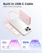 Slim Portable Charger 10000mAh, Travel Power Bank with Built-in USB-C Cable & LED Display, 22.5W Fast Charging Battery Pack Compatible with iPhone 16 15 Samsung S24 S23 -Pink