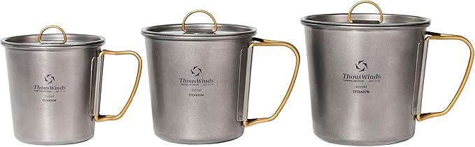 Titanium Mugs, 250-450ml Camping Cups with Lid Set, Lightweight Coffee Cup for Hiking, Backpacking, Camping