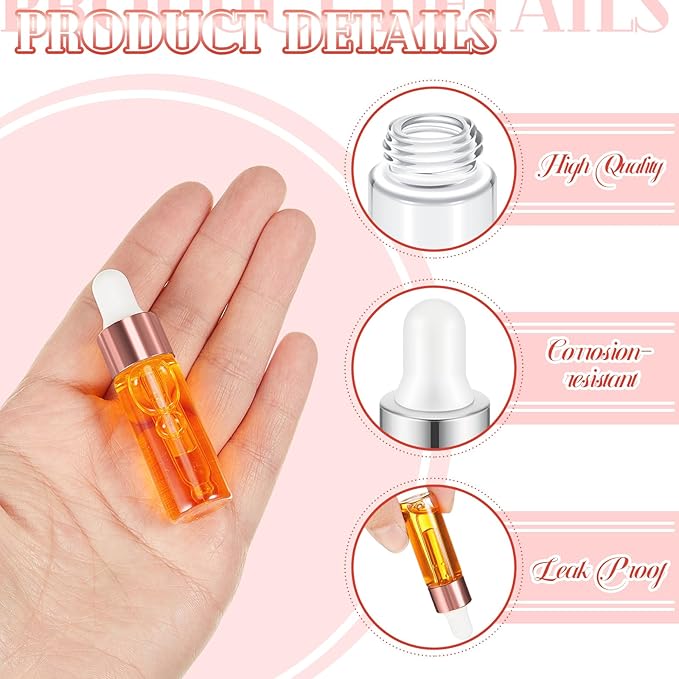 100 Pcs Mini Glass Oil Dropper Bottle Bulk, Clear Essential Small Empty Bottles Sample Containers Perfume Liquid Vials with Cap for Traveling (5 ml,Rose Gold)