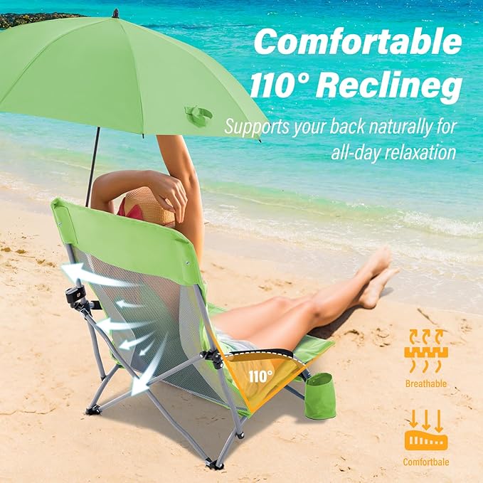 Homcosan Portable Low Folding Beach Chair with Detachable Umbrella - Lightweight Camping Chair for Adults with Cup Holder & Storage Pocket, Carry Bag Included (Green & Yellow)