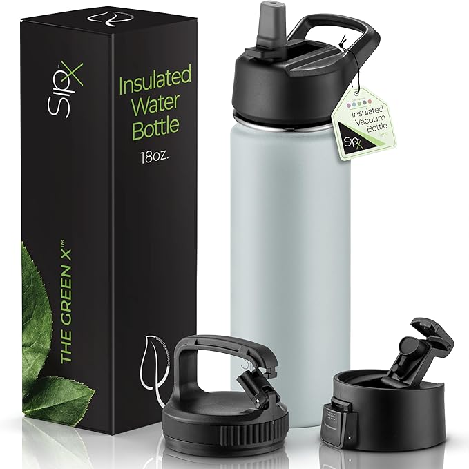 SipX™ Triple-Insulated Stainless Steel Water Bottle 18oz. With 3 Lids, BPA-Free Reusable Insulated Water Bottle Keeps Cold 24 Hours, (Blue)