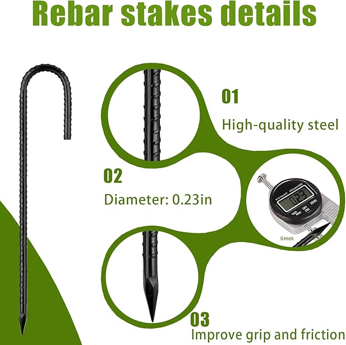 Rebar-Stakes-12Inch,J Hooks Ground Stakes Anchors for Gardening Black Coated Ground Stakes 4pcs Anti-Rust Heavy Duty Dog Fence Fixed Water Pipes Soccer Goals Tent Camping Trampoline