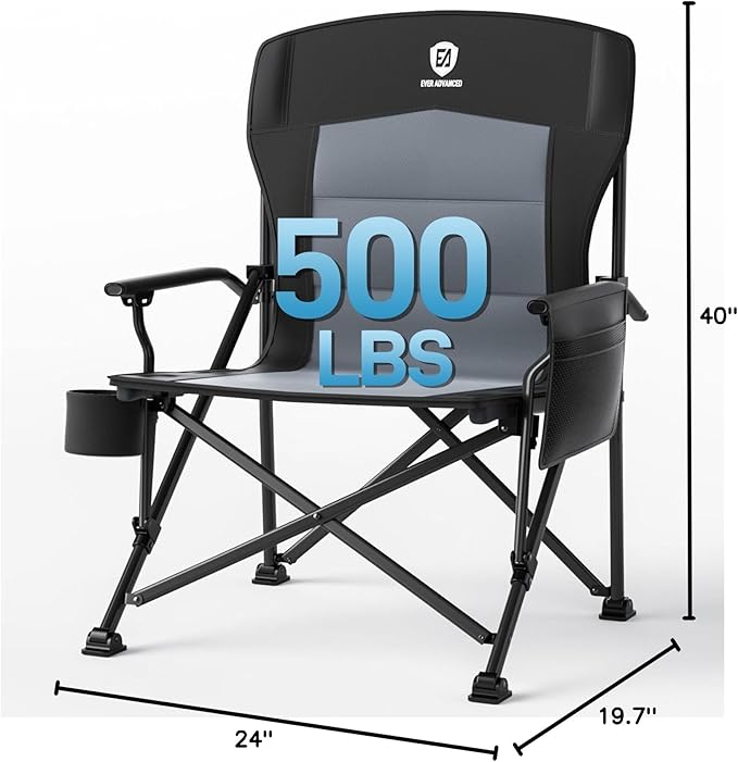 EVER ADVANCED Oversized Folding Camping Chair for Adults, Heavy Duty Lawn Chair with Side Pockets, Portable Collapsible Quad Chair for Outside, Support Up to 500lbs, Black