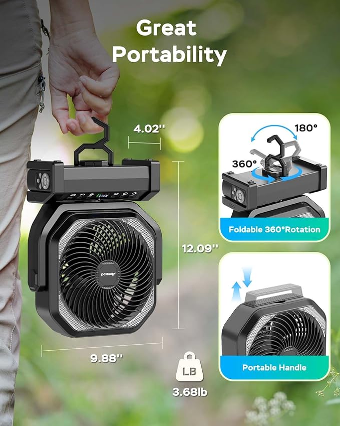 Camping Fan with Light, 20000mAh Rechargeable Battery Operated Fan, 112H Max Cooling Time, 8 Speeds, Digital Display, Remote Control, 270°Pivot with Hook for Tent Car RV Power Outage Hurricane