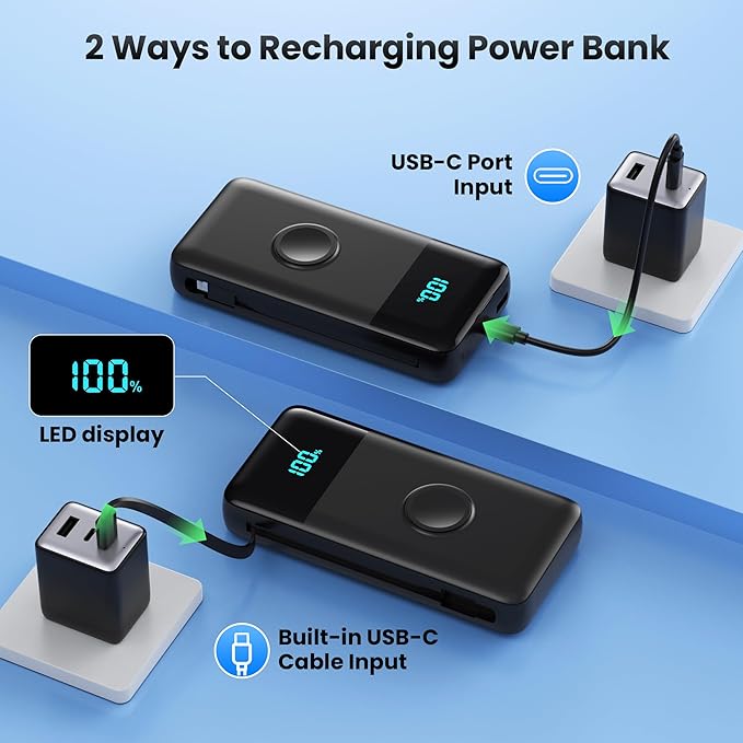 Portable Charger 40800mAh for iPhone with 2 Built-in Cable and iWatch Charger, 5-in-1 25W PD Fast Charging USB C Power Bank,QC4.0 LED Display Battery Pack for iPhone 16/15/14/13/12,Android,Apple Watch