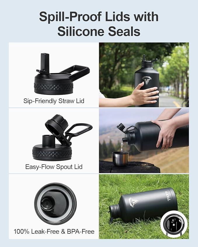 One Gallon Water Bottle,128oz Insulated Water Flask Stainless Steel Vacuum, Cold for 48 Hrs,BPA-Free & Leakproof -with Paracord Handle,Strap,Straw Spout Lids,Large Jug for Gym Sports,Black