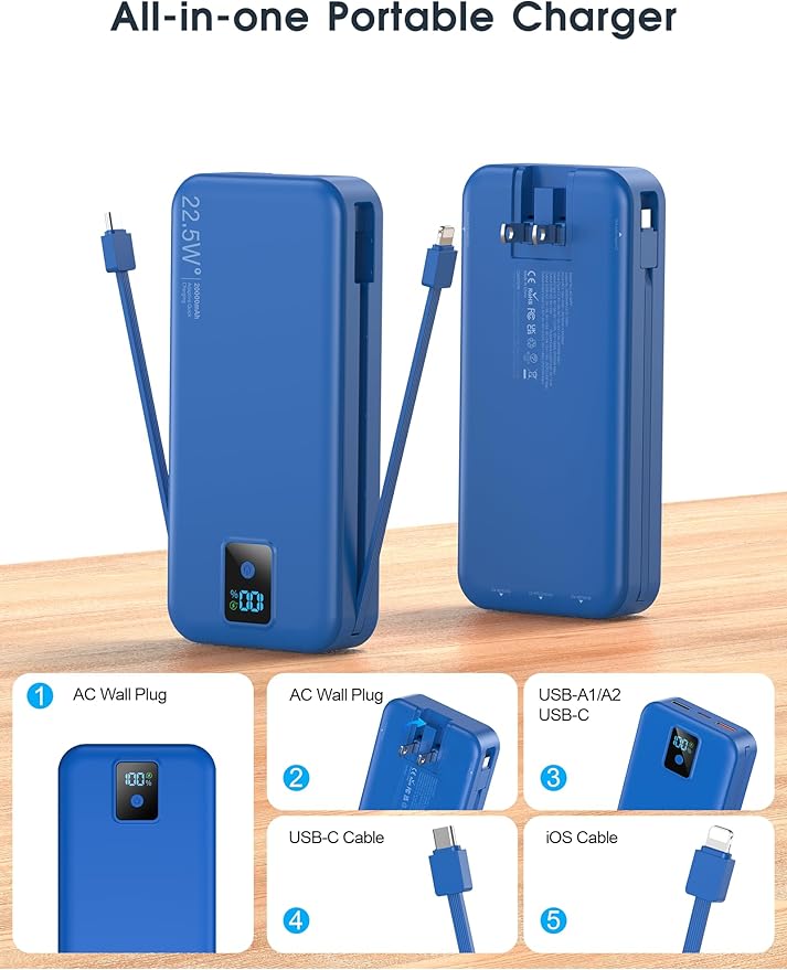 Portable Charger, 20000mAh 22.5W Fast Charging Power Bank with Built-in Cables & Wall Plug, Travel Essential Battery Pack with LED Display, USB C Battery Phone Charger for iPhone, iPad, Samsung Navy