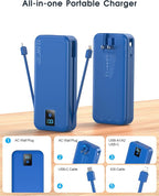 Portable Charger, 20000mAh 22.5W Fast Charging Power Bank with Built-in Cables & Wall Plug, Travel Essential Battery Pack with LED Display, USB C Battery Phone Charger for iPhone, iPad, Samsung Navy