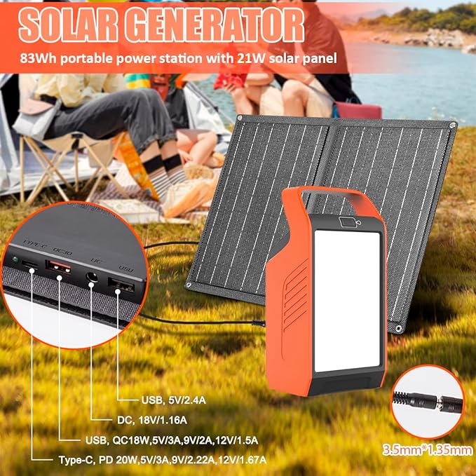 Takki 120W Peak Solar Generator with 21W Panel 83Wh Portable Power Station Solar Power Bank with 110V AC Outlet for Camping Home Use Outdoor Emergency Fan Laptop Hurricane