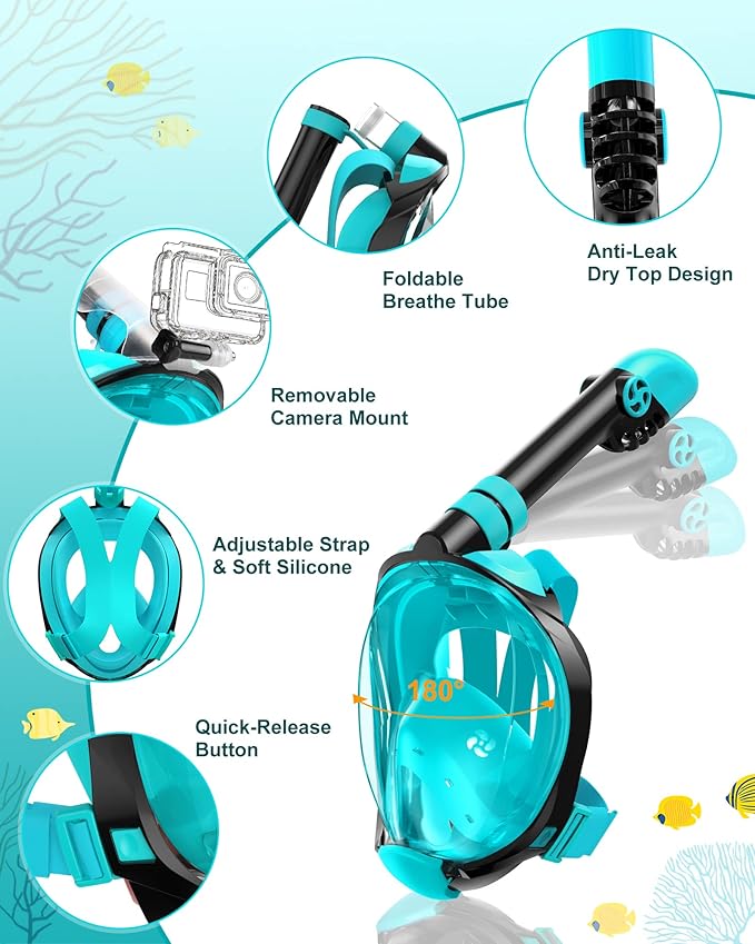 Snorkeling Gear for Kids Teens, Full Face Snorkel Mask & Adjustable Swim Fins Snorkel Set, Panoramic View Snorkel Mask with Dry Top System & Gear Bag, Anti-Fog Anti-Leak