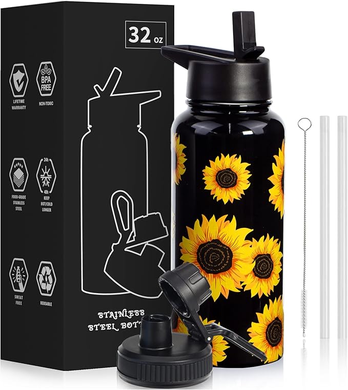 32oz Sunflower Vacuum Insulated Stainless Steel Water Bottles with Straw & Spout Lids, Double Wall Sport Bottle, Sweat-Proof BPA Free, Canteen Metal Thermo Mug Hydro Cup Jug, Sunlfower Gift