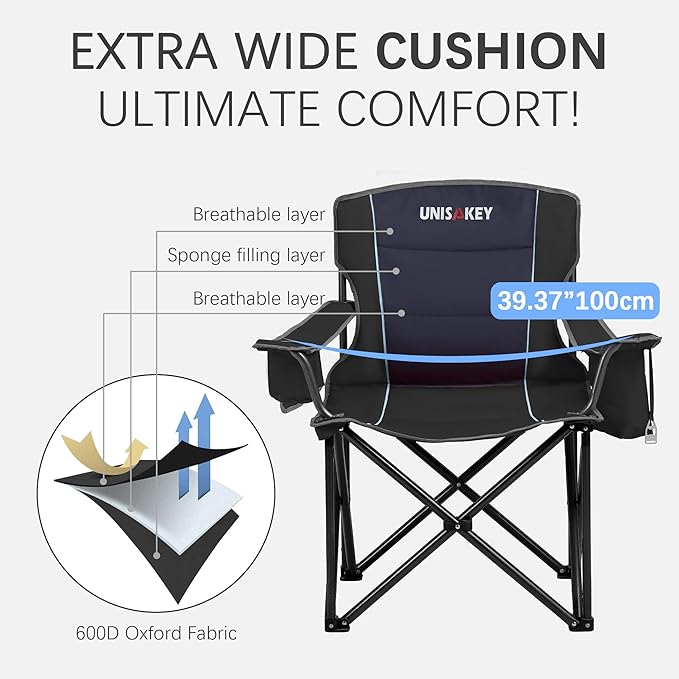 Oversized Folding Camping Chair for Adults - 450lbs Support - Heavy Duty Portable Lawn Chairs with Side Pocket Cup Holder Cooler Bag for Sports Garden Beach Fishing, Black 2 Pack