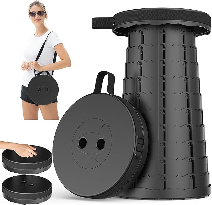 Upgraded Collapsible Stool with Adjustable Strap,Lightweight Folding Stool,Load Capacity 400lbs,Retractable Camping Stool Portable Folding Chair or Travel Footrest for Outdoor Fishing Hiking BBQ