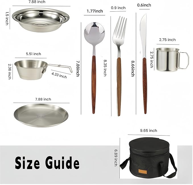Camping Kitchen Tableware Mess Kit, Bowls&Dishes Set for 4 Person- 31pcs Utensils Set with Plate Spoon Fork Serrated Knife,304 Stainless Steel Bowl&Cup&Dish,Storage Bag,Backpacking, Hiking Picnic